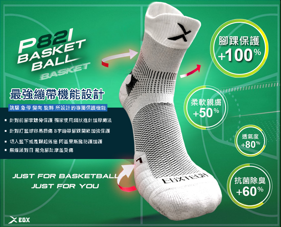 P82I中筒籃球繃帶襪的特色：保護腳踝、舒適體感、透氣、除臭